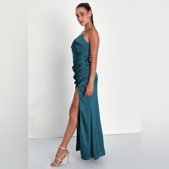 ⚫️ LULUS Glamorous Persona Teal Satin Pleated Sleeveless Tulip Maxi Dress - Picture 4 of 10